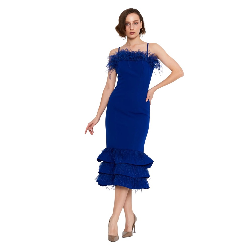 Premium European Blue Viscose Feather Trim Column Evening Dress Tiered Midi